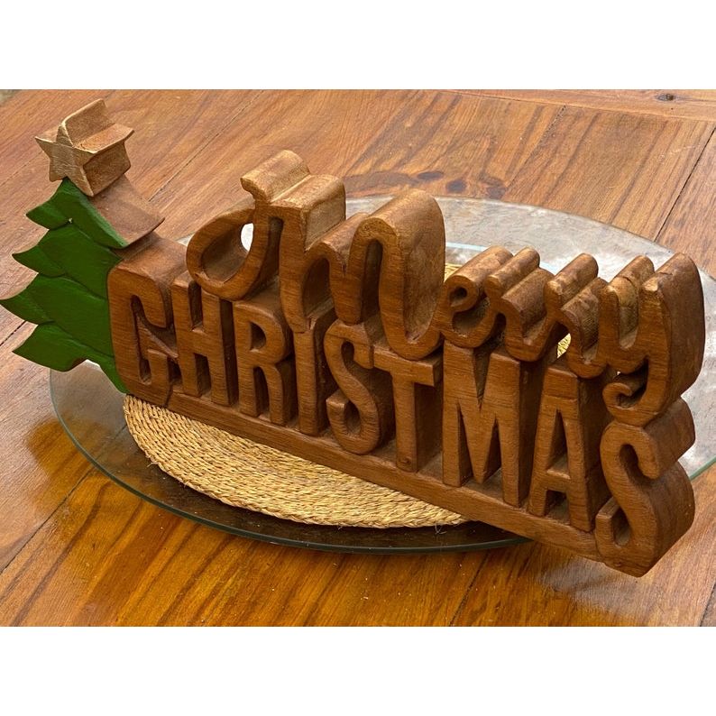 Wooden carved Merry Christmas decoration 38 cm long with Tree and Star