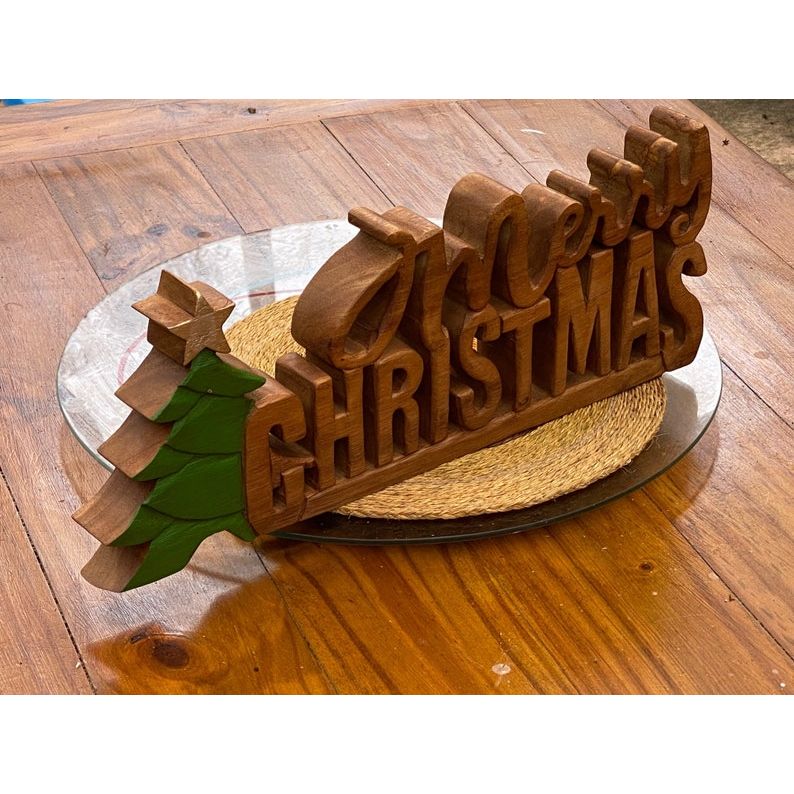 Wooden carved Merry Christmas decoration 38 cm long with Tree and Star