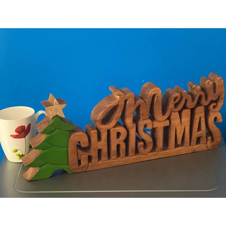 Wooden carved Merry Christmas decoration 38 cm long with Tree and Star