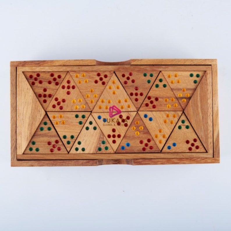 Wooden Domino Game Set Triangle shaped Handmade Dominoes in Gift box