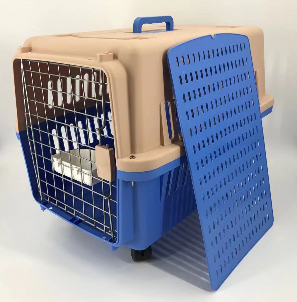 YES4PETS Blue Large Dog Puppy Cat Crate Pet Carrier Cage With Tray, Bowl &amp; Wheel