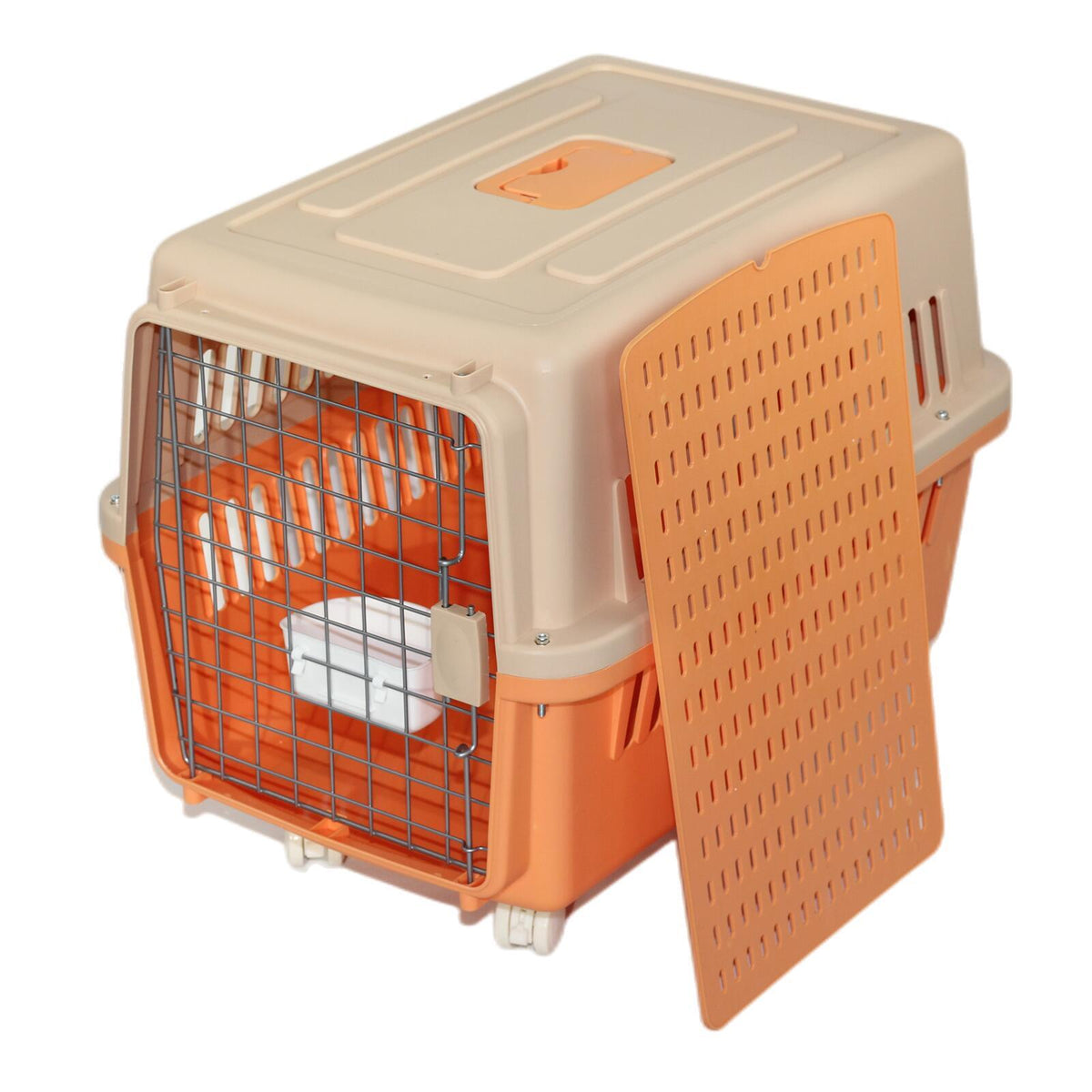 YES4PETS Large Dog Cat Crate Pet Carrier Rabbit Airline Cage With Tray, Bowl &amp; Wheel Orange