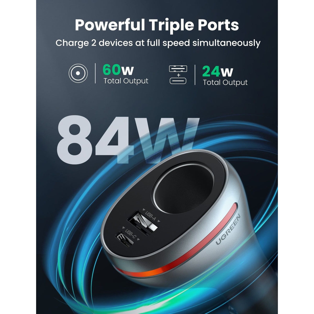 UGREEN 60712 84W Dual Port Car Charger (Space Grey)
