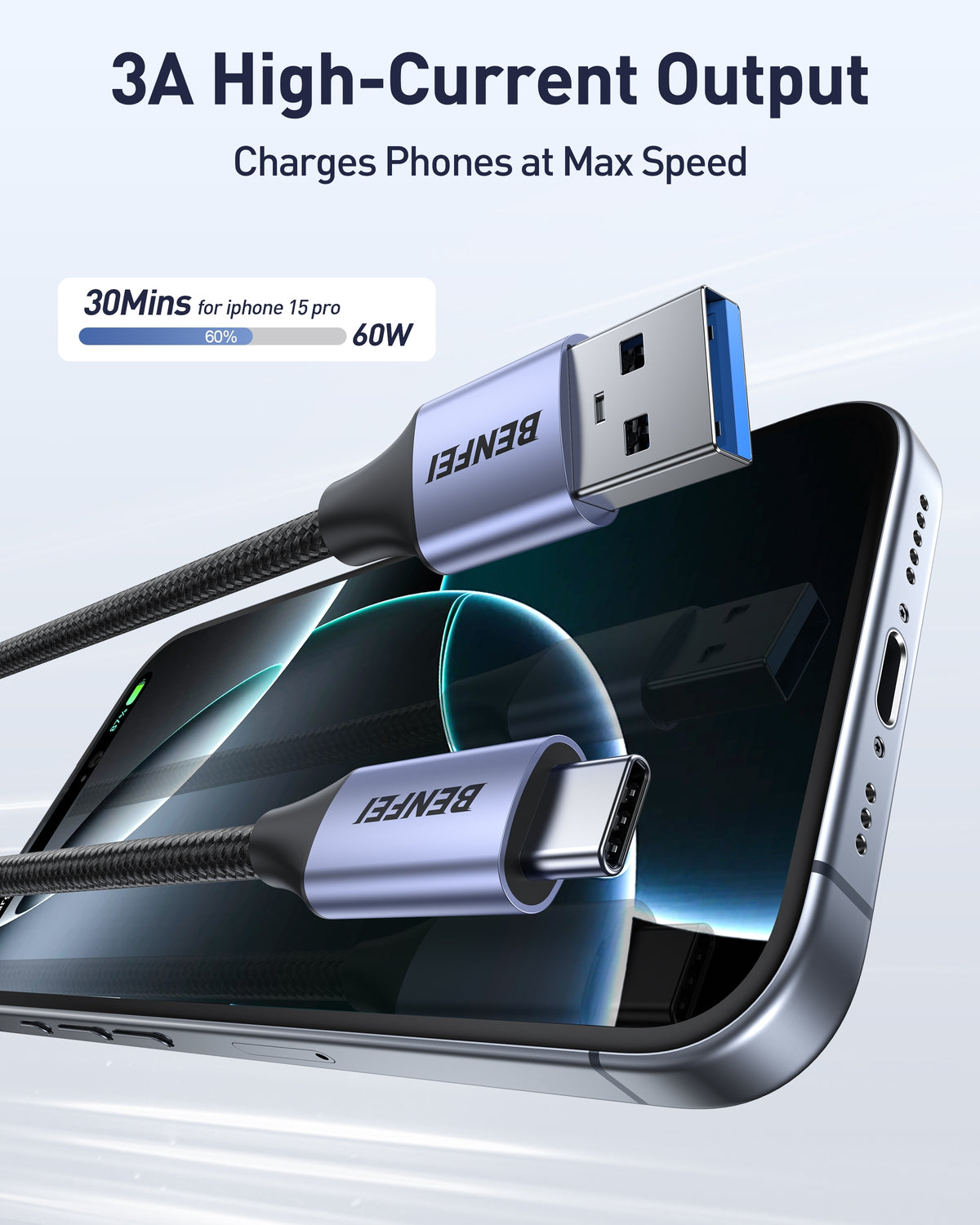 BENFEI 369GY 3M USB 3.0 to USB C Cable, 5Gbps High-Speed Data Sync & 3A Charging