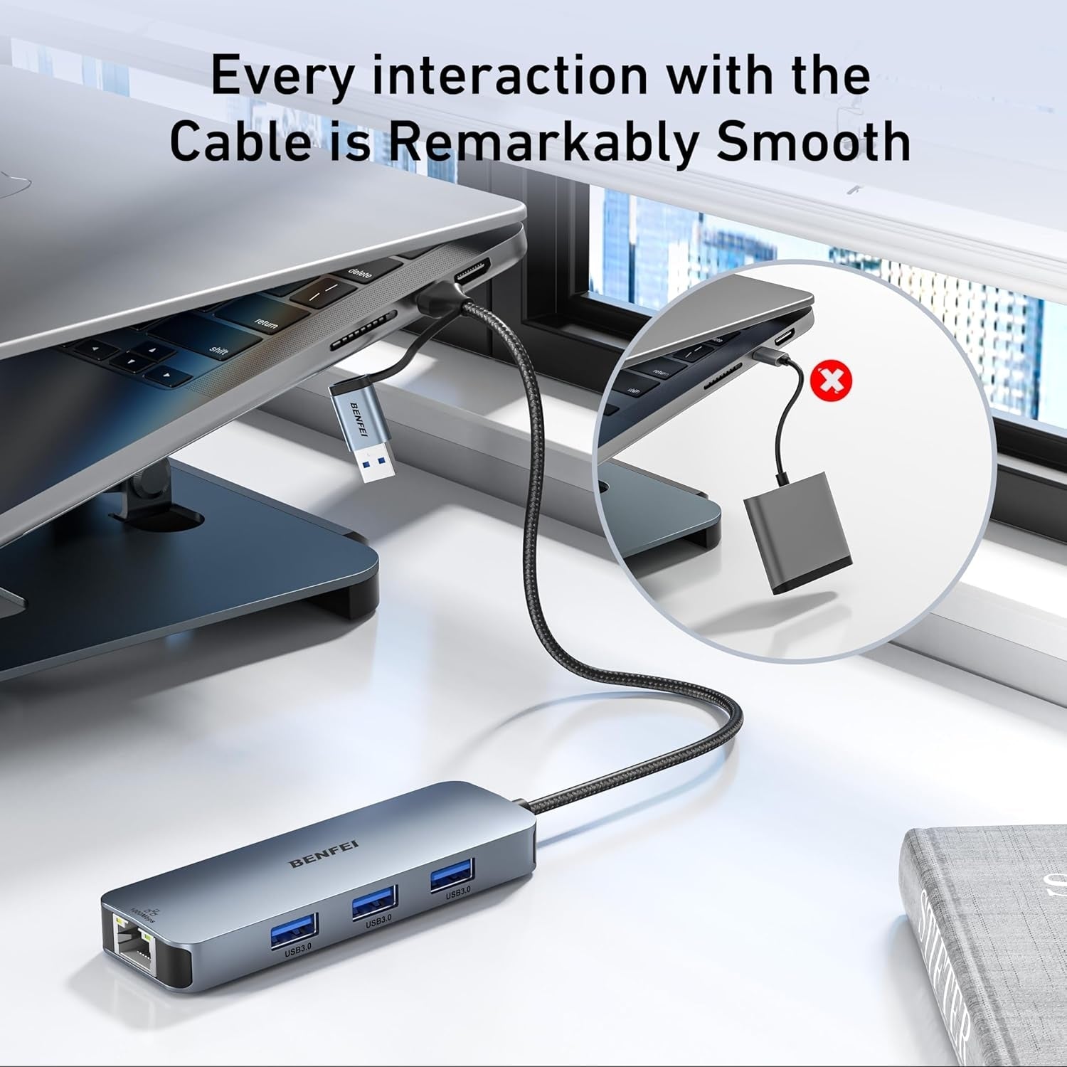 BENFEI 000386GY USB-C + USB 3.0 to Gigabit RJ45 + 3 Port USB 3.0 Hub Compatible with Mac