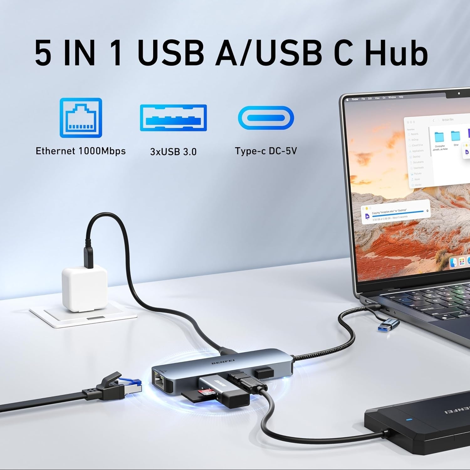 BENFEI 000386GY USB-C + USB 3.0 to Gigabit RJ45 + 3 Port USB 3.0 Hub Compatible with Mac