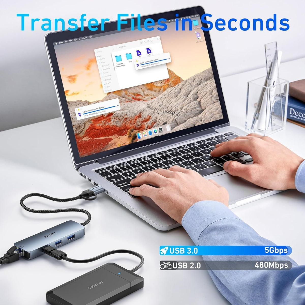 BENFEI 000386GY USB-C + USB 3.0 to Gigabit RJ45 + 3 Port USB 3.0 Hub Compatible with Mac