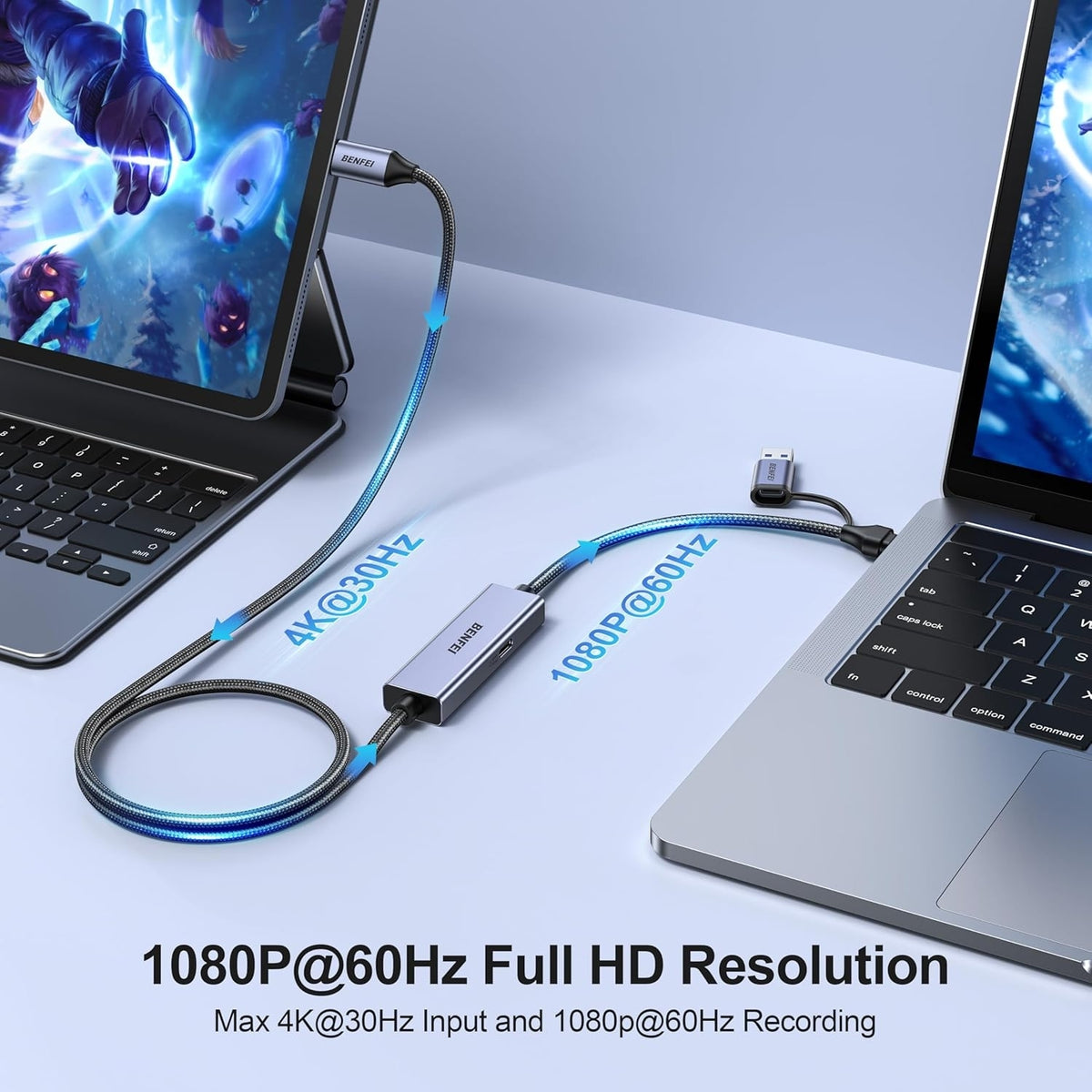 BENFEI 408GY USB-C to USB-C+A + PD (100W) Video/Audio Capture Card Supporting Full HD 1080P 60FPS for Streaming, Recording, Gaming