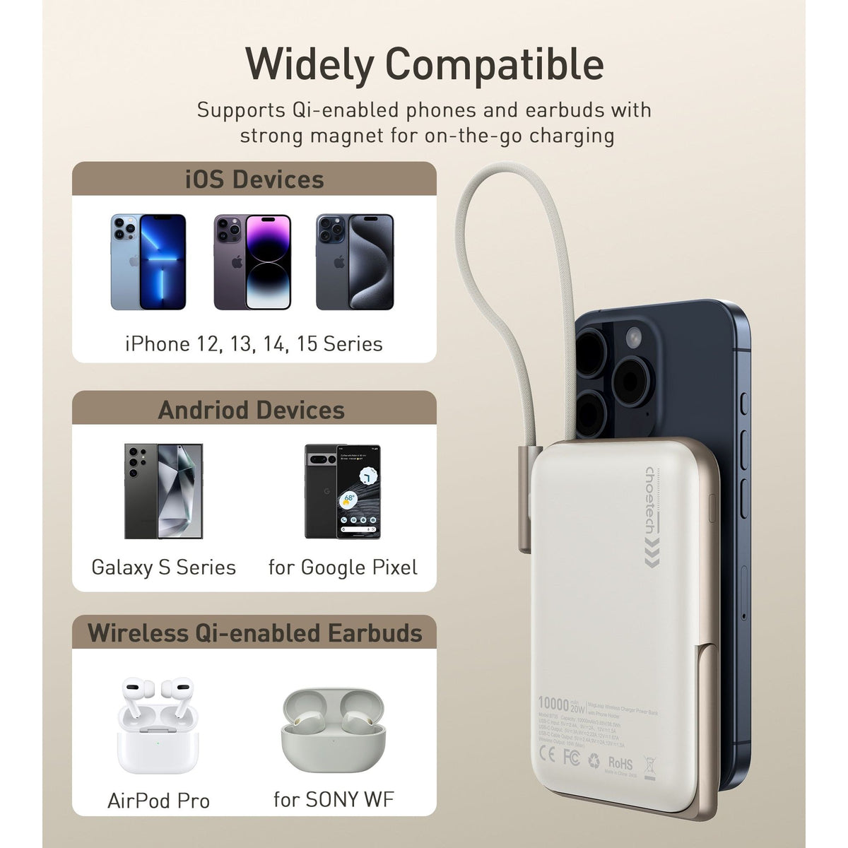 CHOETECH B735-WH 10000mAh 20W MagLeap Wireless Power Bank White with Phone Holder and Build-in Cable