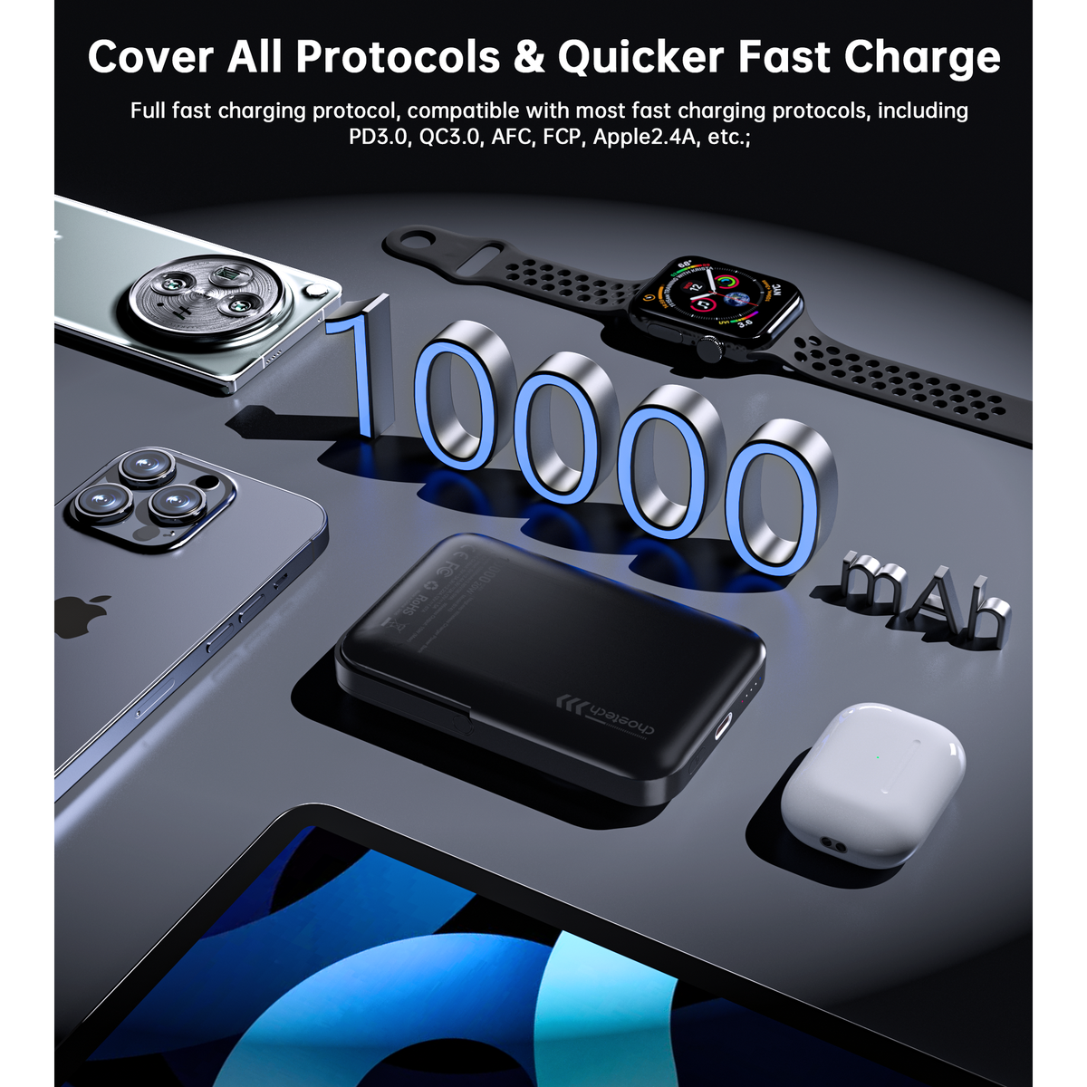 CHOETECH B743-BK 10000mAh PD20W Magnetic Power Bank with Holder Black