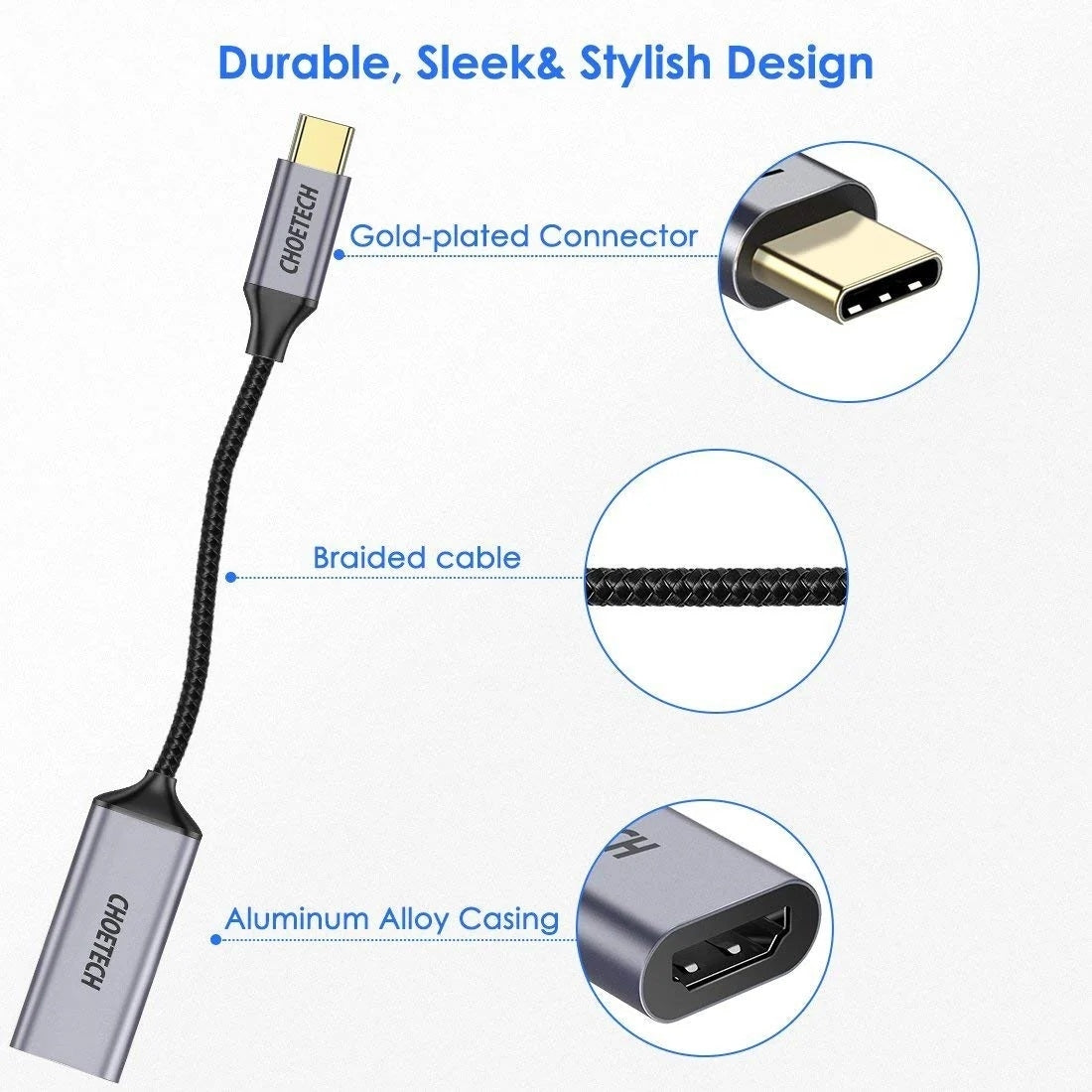 CHOETECH HUB-H21 USB-C to HDMI 4k 60Hz Braided Video Cable Cord Adapter