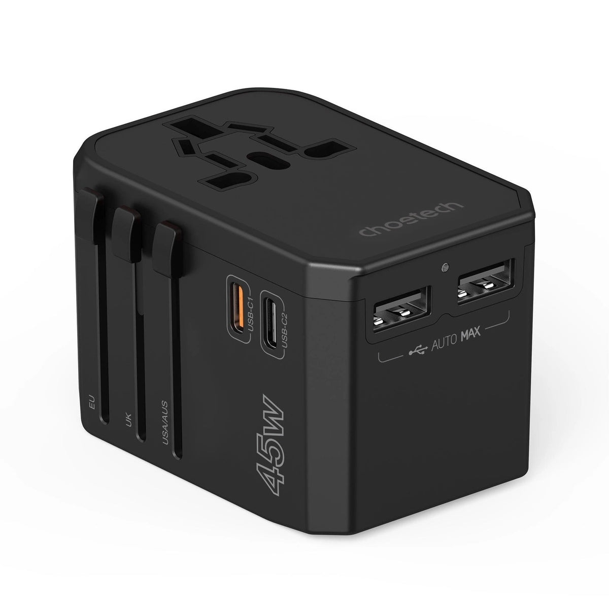 CHOETECH PD6045 GaN Tech 2C+2A 45W Travel Adapter with US EU UK AU Plugs Black