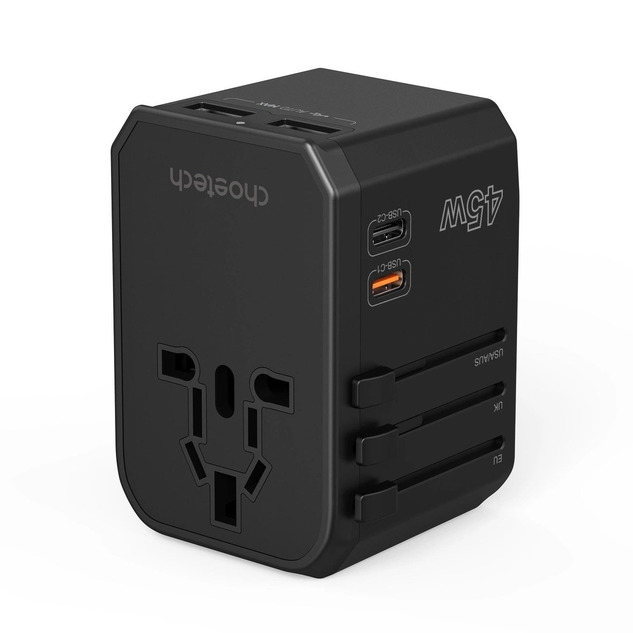 CHOETECH PD6045 GaN Tech 2C+2A 45W Travel Adapter with US EU UK AU Plugs Black