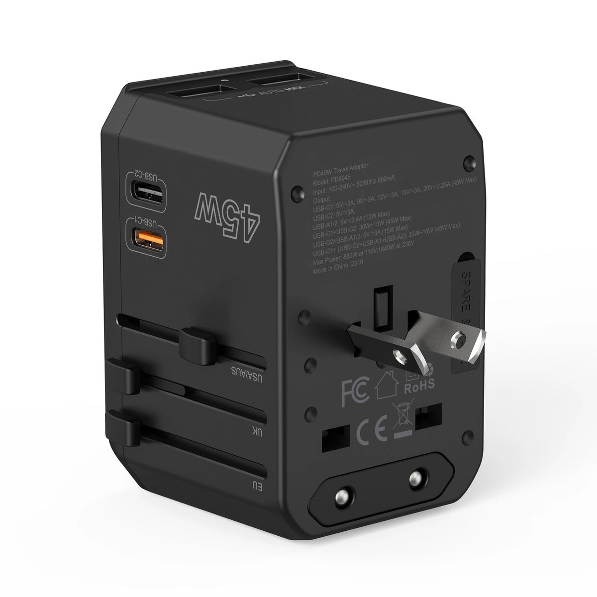 CHOETECH PD6045 GaN Tech 2C+2A 45W Travel Adapter with US EU UK AU Plugs Black