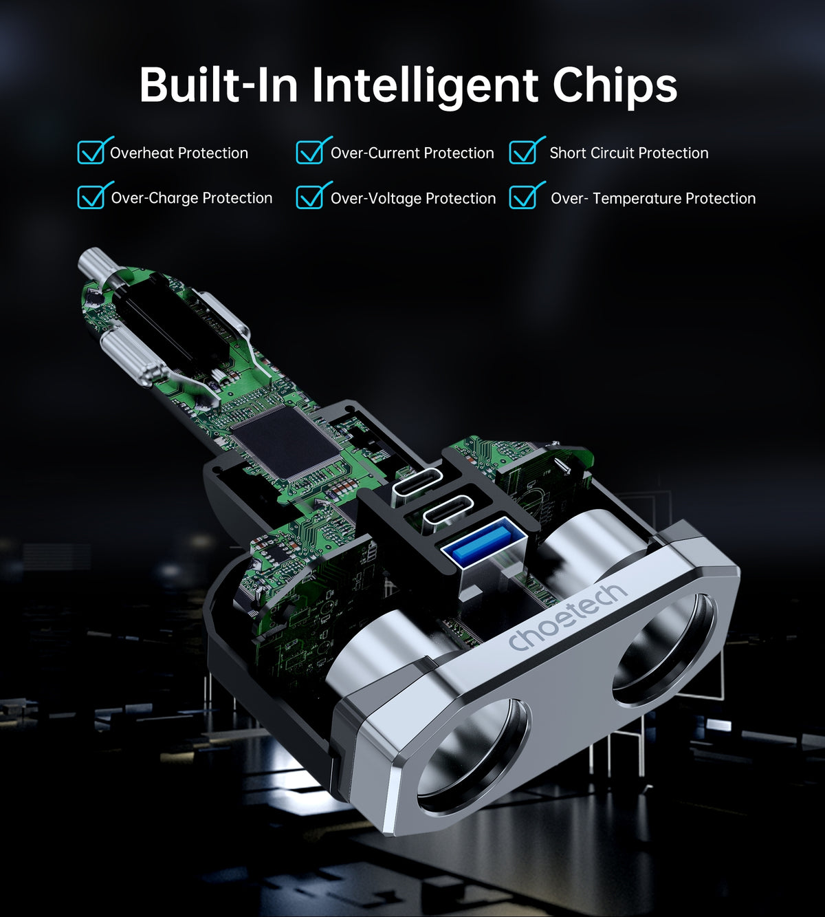 CHOETECH TC0020 45W 2 Sockets + 2x USB-C + 1x USB-A Cigarette Lighter Splitter
