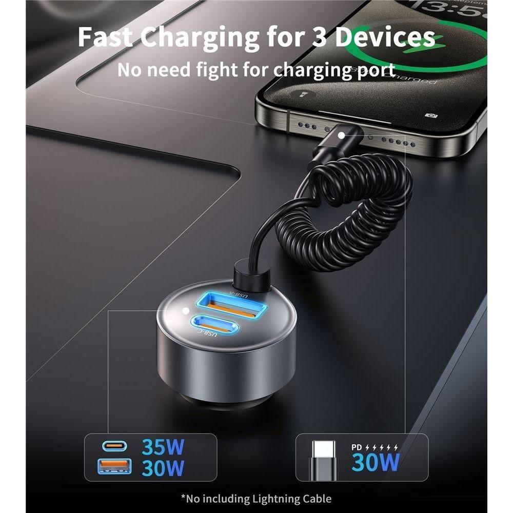 CHOETECH TC0030 65W 3-Port Fast Car Charger with 3.3ft Type-C Stretchable Cable