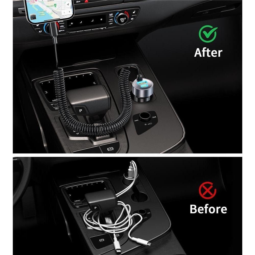 CHOETECH TC0030 65W 3-Port Fast Car Charger with 3.3ft Type-C Stretchable Cable