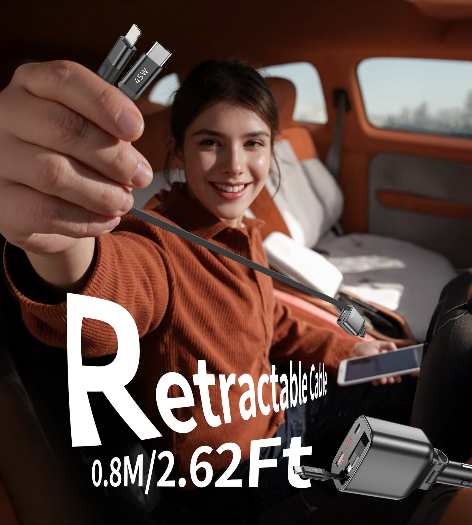 CHOETECH TC0033 105W USB-C+USB-A Fast car charger with Stretchable USB-C + Lightning cables