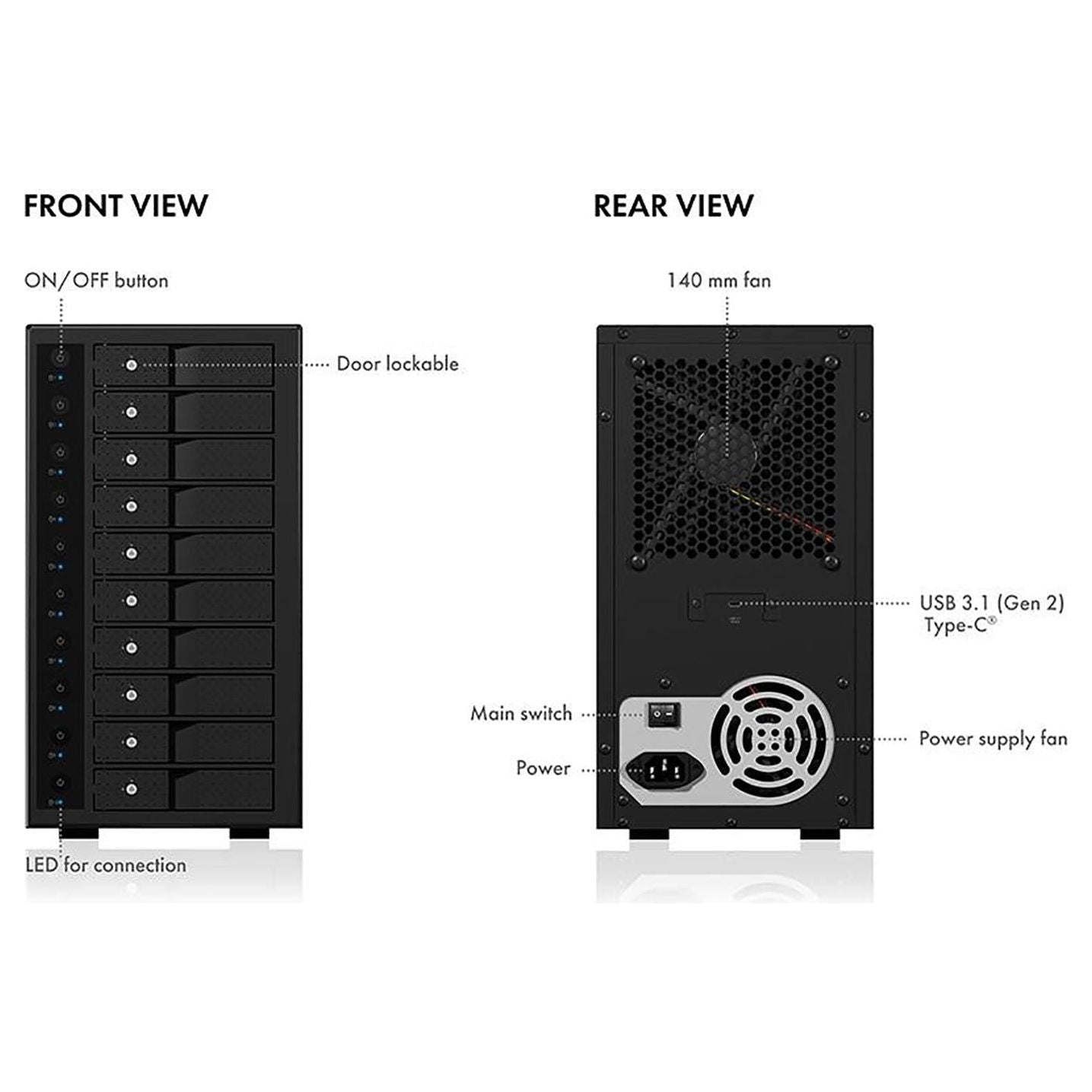 ICY BOX IB-3810-C31 SINGLE enclosure for 10x HDD with USB 3.1 (Gen 2) Type-C or Type-A interface