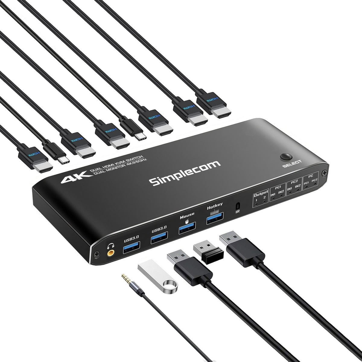 Simplecom KM430 Dual HDMI Monitor KVM Switch for 2 Computers with 4-Port USB Hub 4K@60Hz Keyboard Hotkey