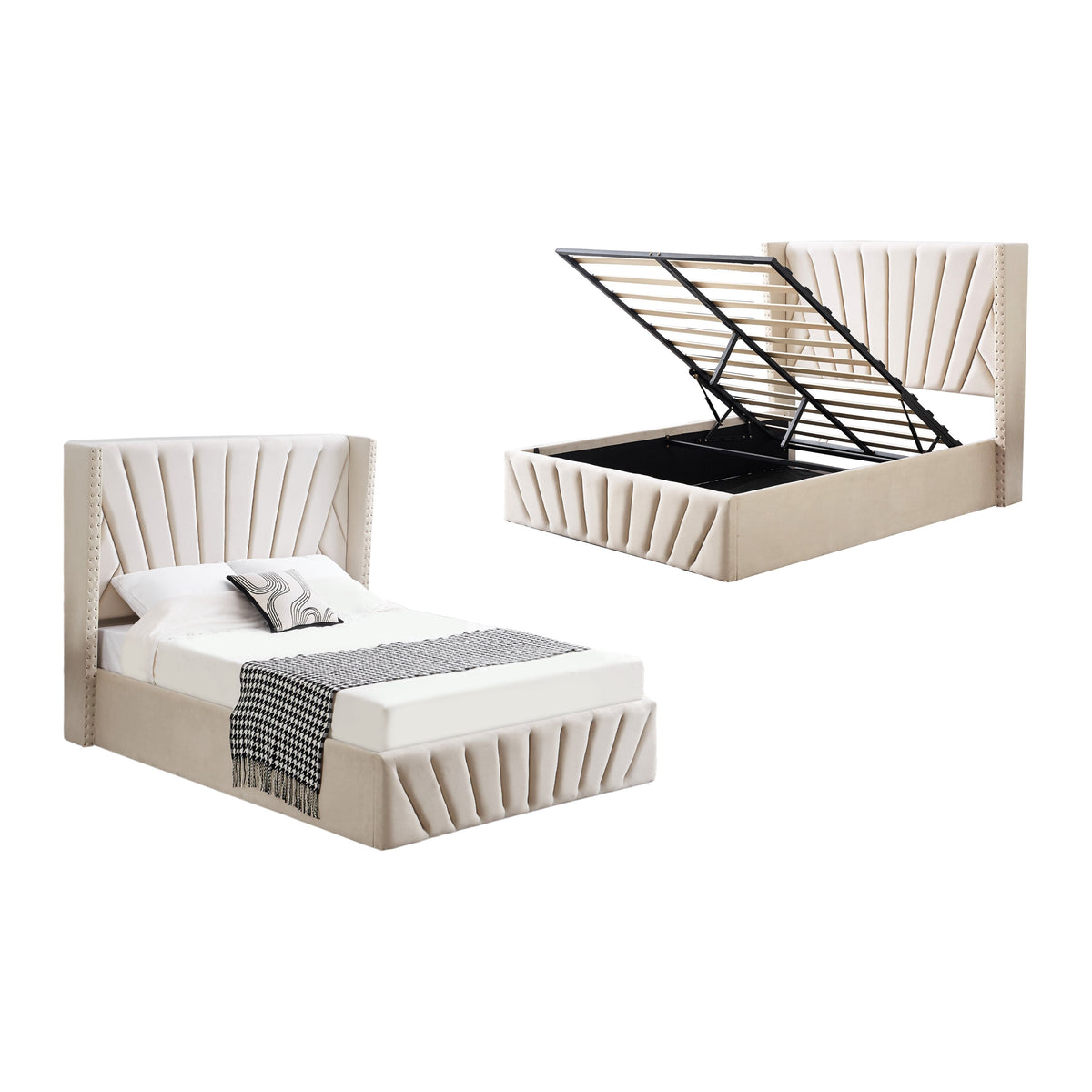 Allure Beige Velvet Gas Lift Bed - King