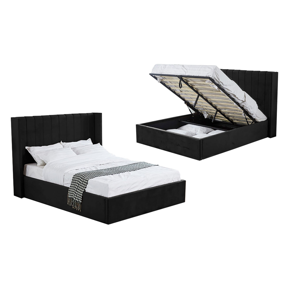 Hilton Black Velvet Gas Lift Bed - Queen