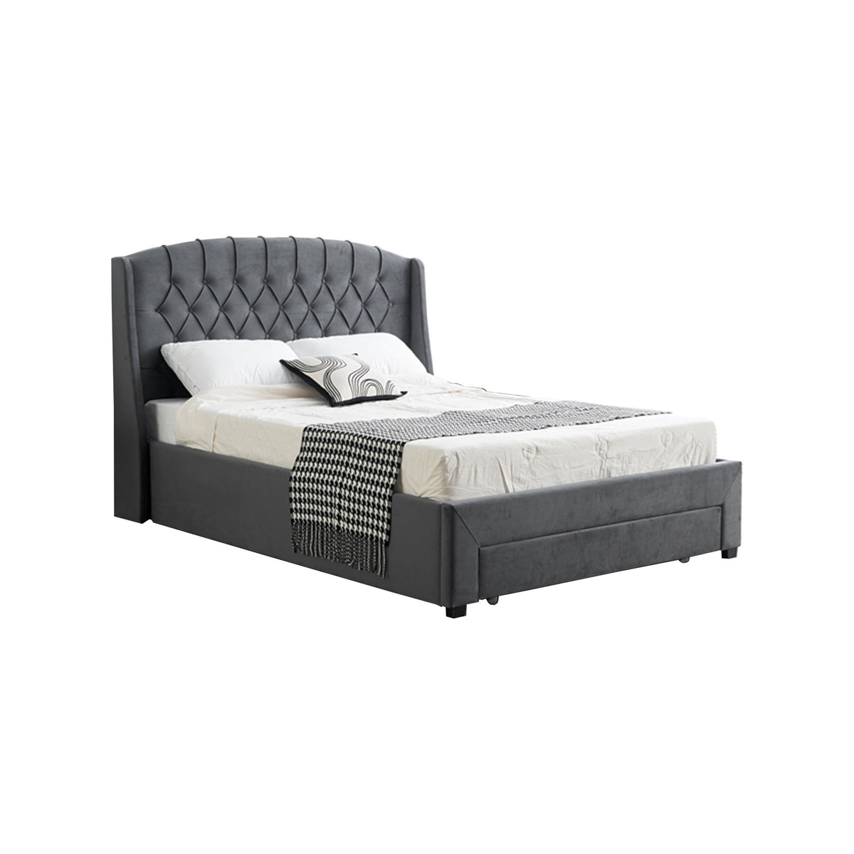 Paris Tall Tufted Velvet Dark Grey Bed with Storage Drawer - King