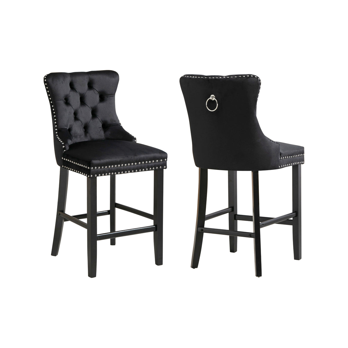 French Provincial Black Bar Stools with Footrest - Set of 2