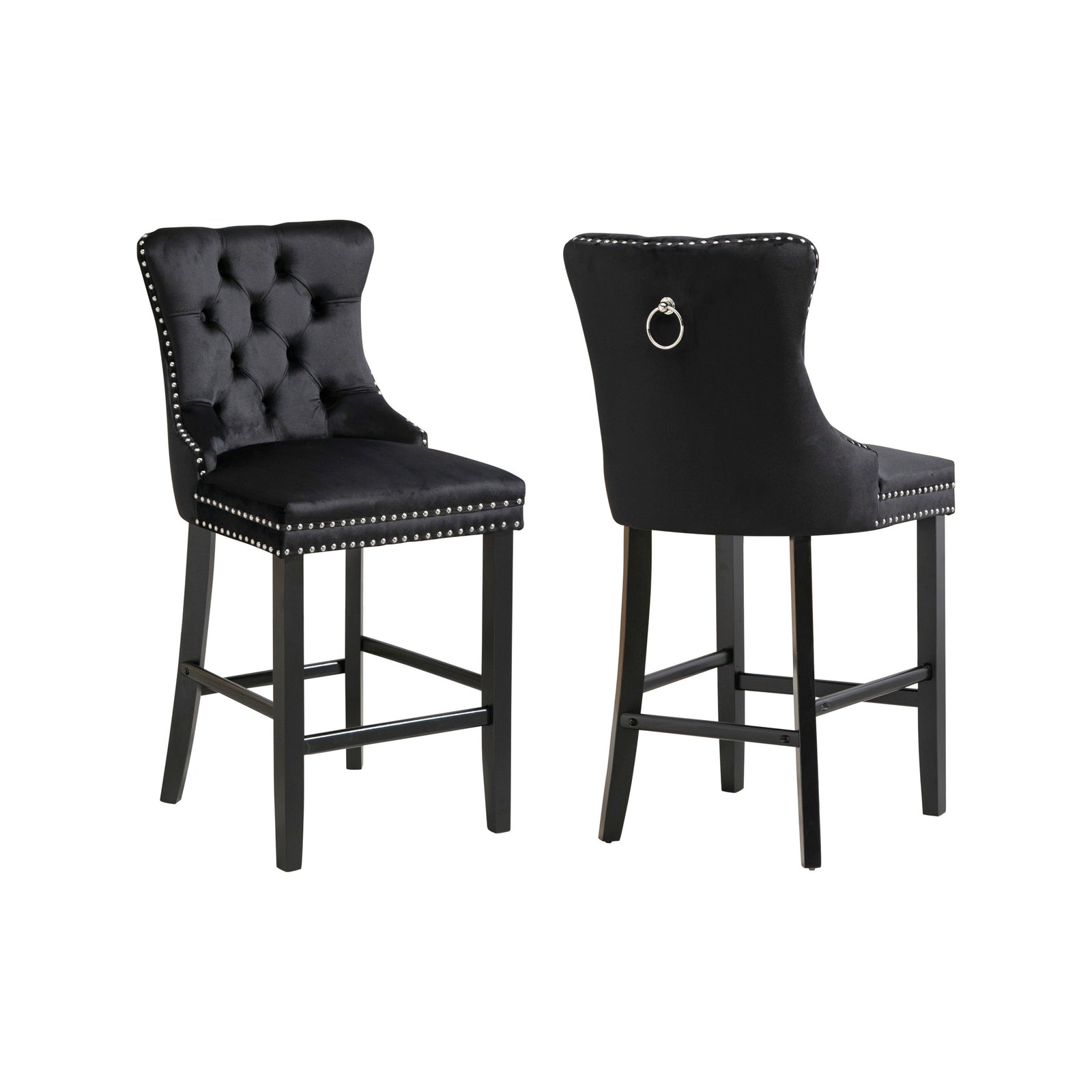 French Provincial Black Bar Stools with Footrest - Set of 2