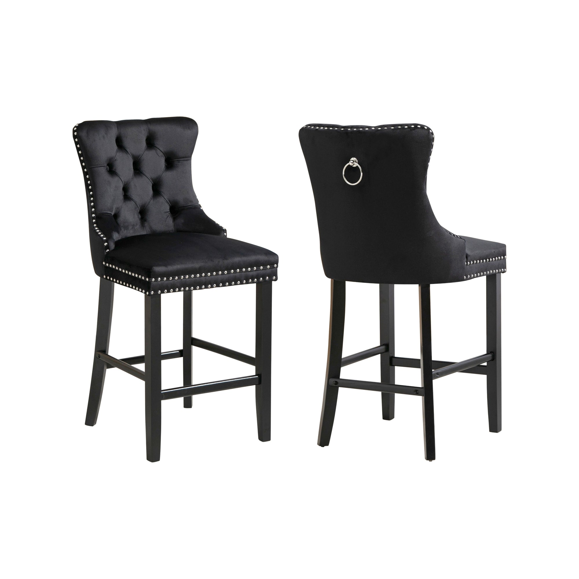 French Provincial Black Bar Stools with Footrest - Set of 2