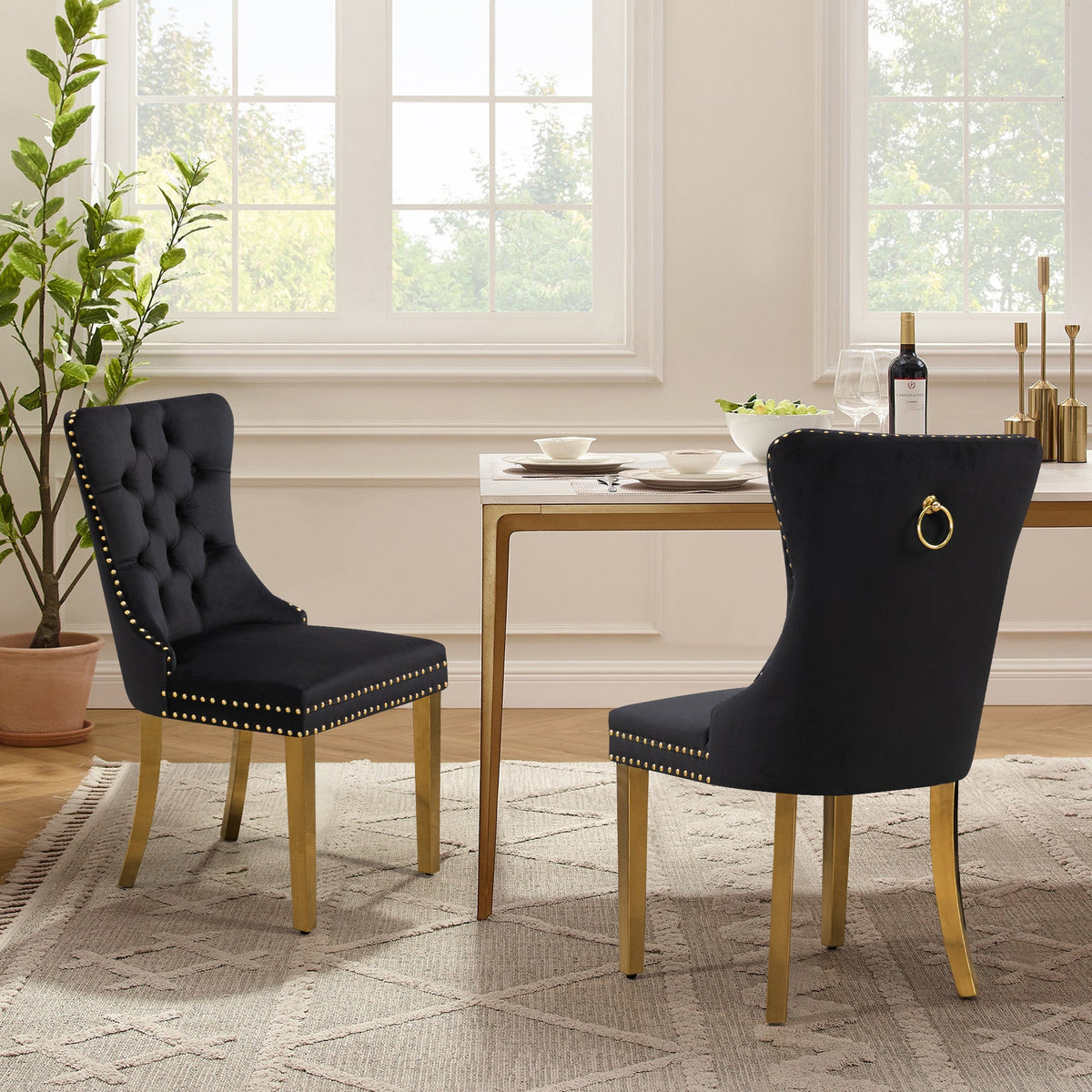 Set of 2 -Alsea Black Velvet &amp; Gold Polished Steel Dining Chairs Upholstered Tufted Stud Trim and Ring