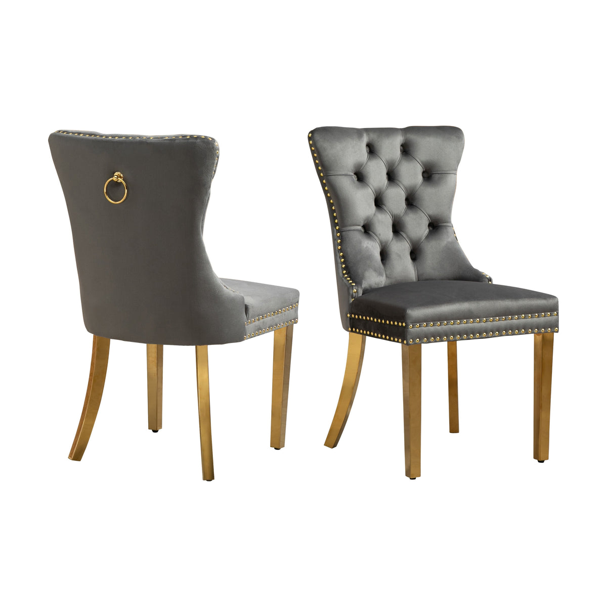 Set of 2 -Alsea Dark Grey Velvet &amp; Gold Polished Steel Dining Chairs Upholstered Tufted Stud Trim and Ring