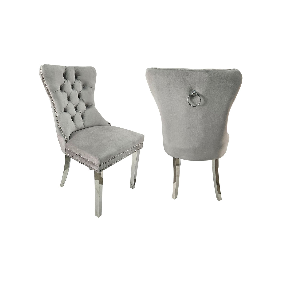 Set of 2 -Alsea Light Grey Velvet &amp; Silver Polished Steel Dining Chairs Upholstered Tufted Stud Trim and Ring