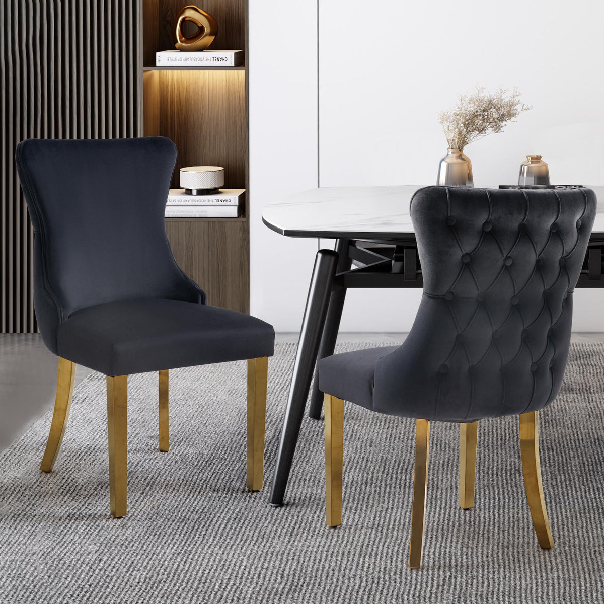 Paris Black Velvet  &amp; Gold Polished Steel Upholstered Dining Chairs Tufted Back - Set of 2