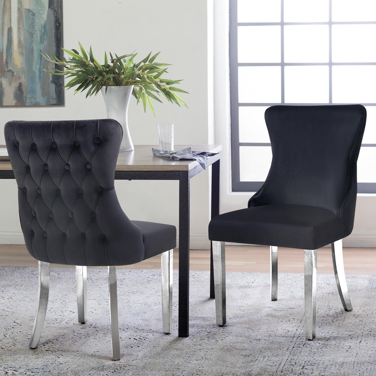 Paris Black Velvet  &amp; Silver Polished Steel Upholstered Dining Chairs Tufted Back - Set of 2