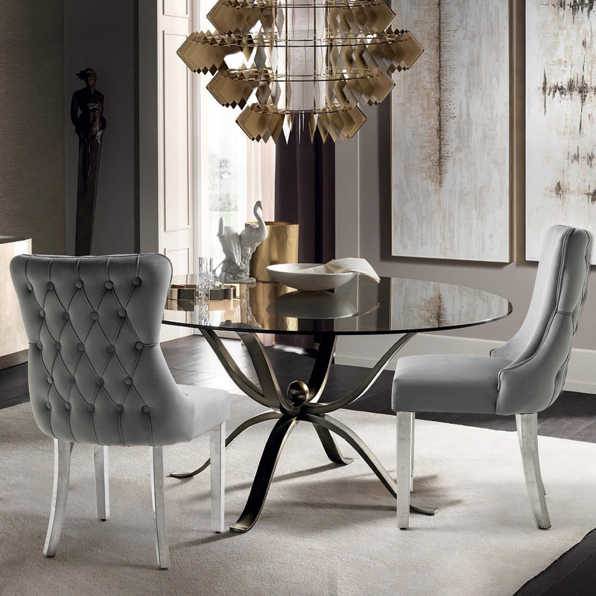 Paris Dark Grey Velvet  &amp; Silver Polished Steel Upholstered Dining Chairs Tufted Back - Set of 2
