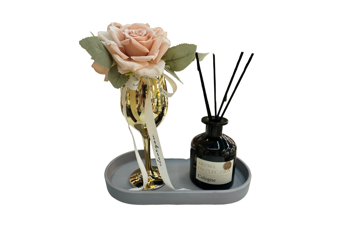 Flower Decor Tray &amp; Fragrance Diffuser Sets -Gold