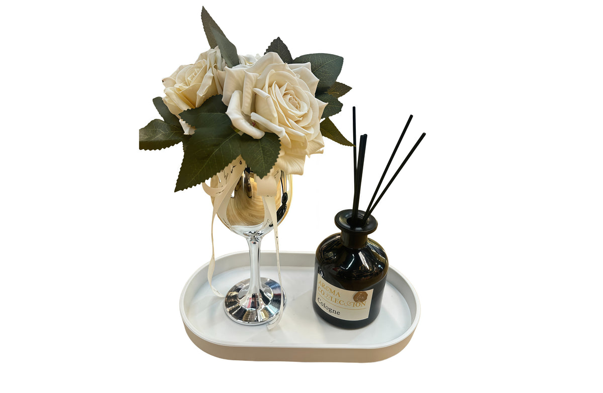 Flower Decor Tray &amp; Fragrance Diffuser Sets -Silver