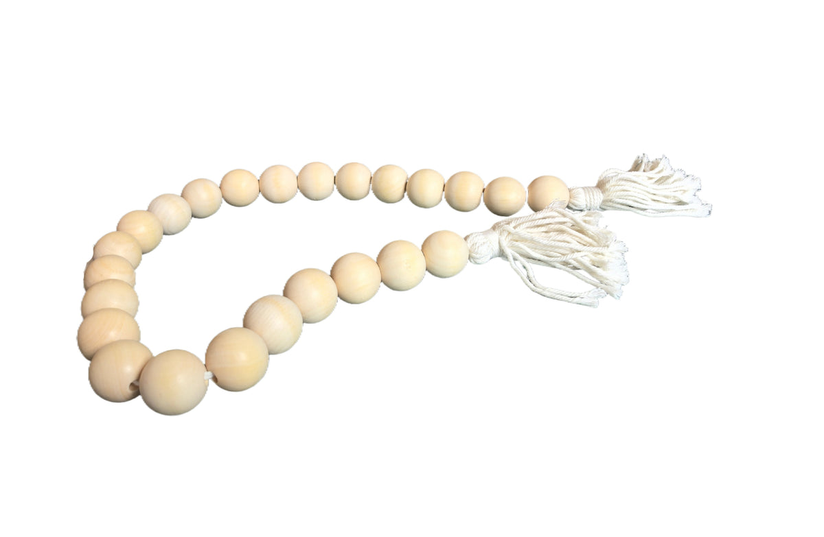 Small Beads &amp; Large Length Wooden Garland With Tassel - White