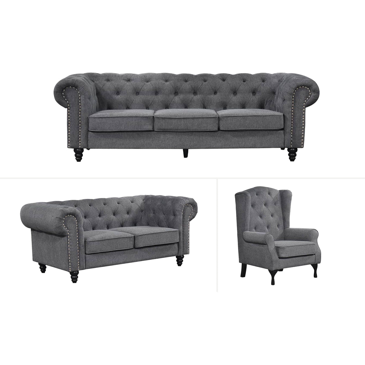Chesterfield Tufted Lounge Set - Charcoal Grey