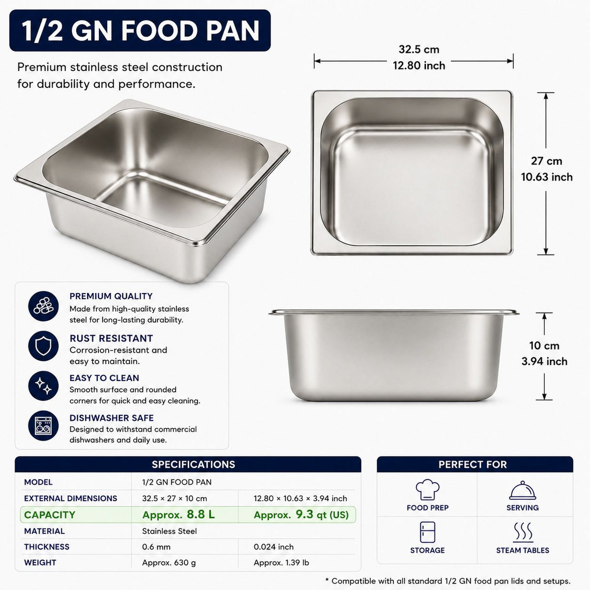 Commercial Stainless Steel GN 1/2 100mm Deep Gastronorm Bain Marie Buffet Steam Table Food Pan with Lid