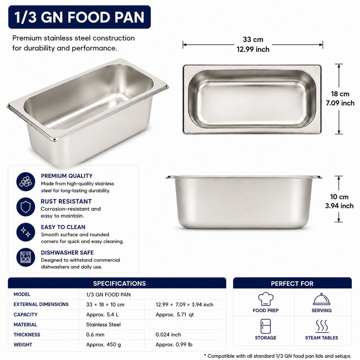 Commercial Stainless Steel GN 1/3 100mm Deep Gastronorm Bain Marie Buffet Steam Table Food Pan