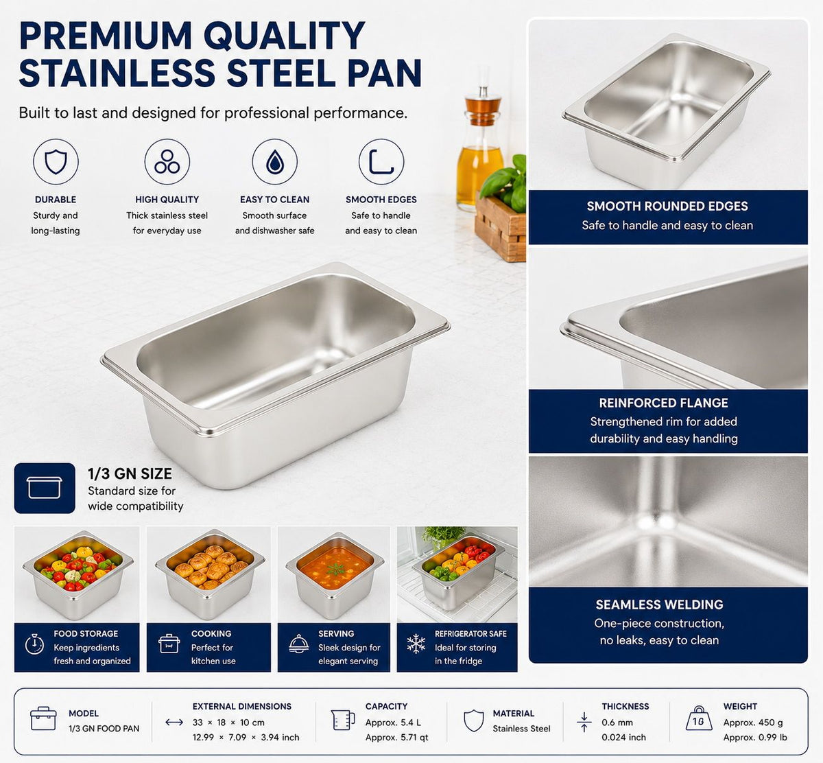Commercial Stainless Steel GN 1/3 100mm Deep Gastronorm Bain Marie Buffet Steam Table Food Pan
