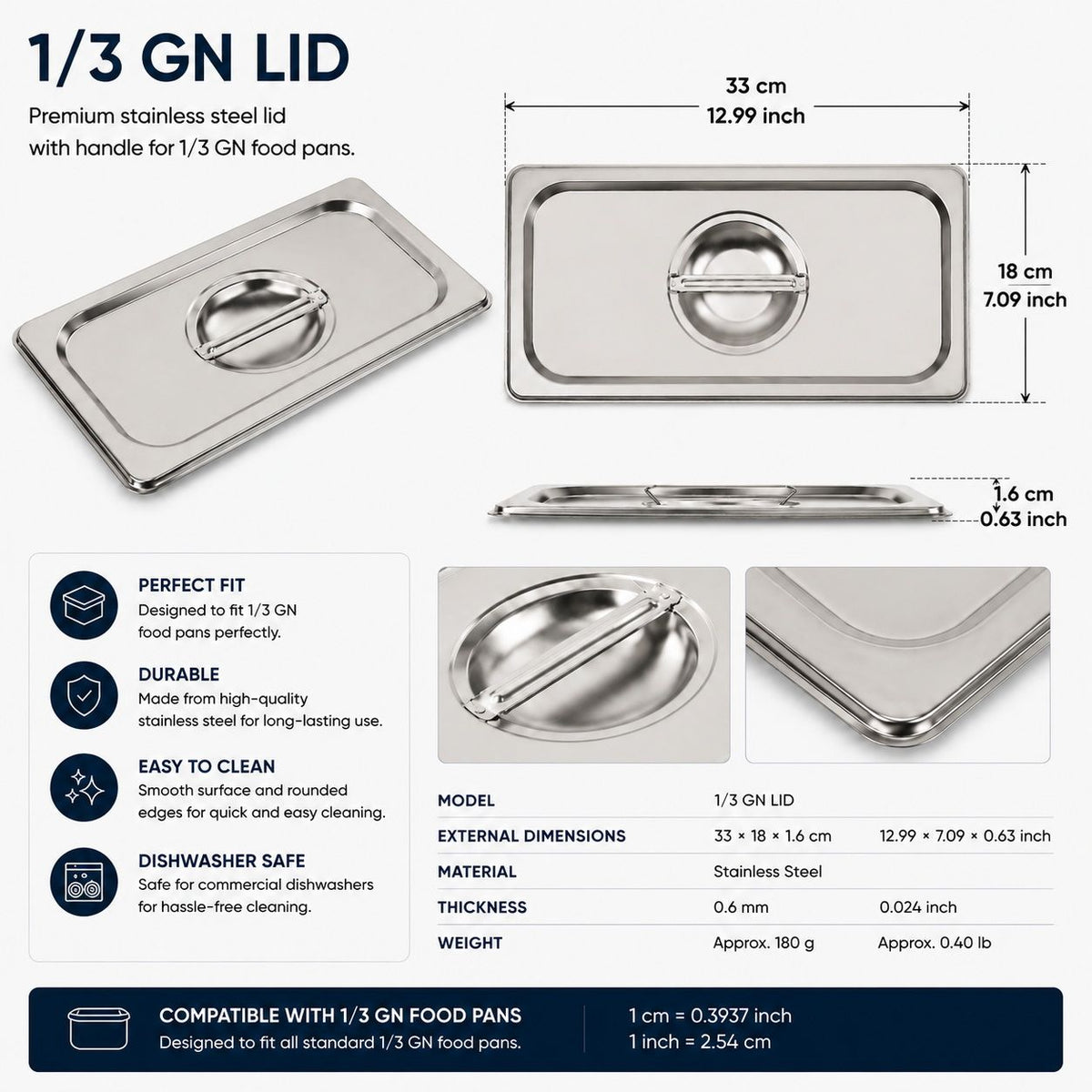 Commercial Stainless Steel GN 1/3 150mm Deep Gastronorm Bain Marie Buffet Steam Table Food Pan with Lid