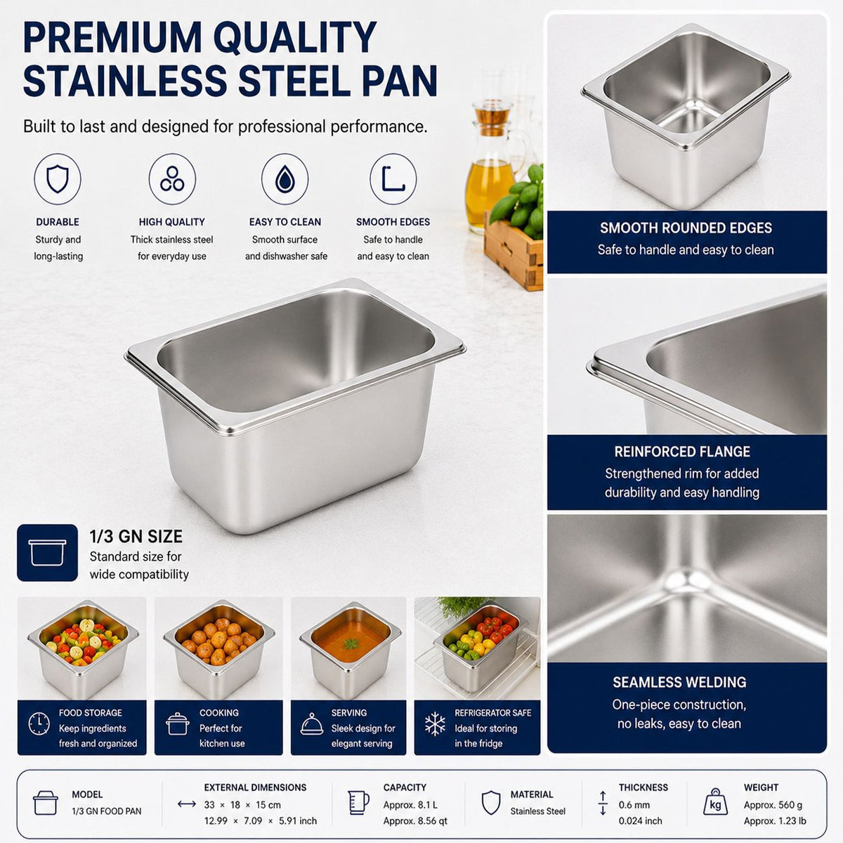 Commercial Stainless Steel GN 1/3 150mm Deep Gastronorm Bain Marie Buffet Steam Table Food Pan with Lid