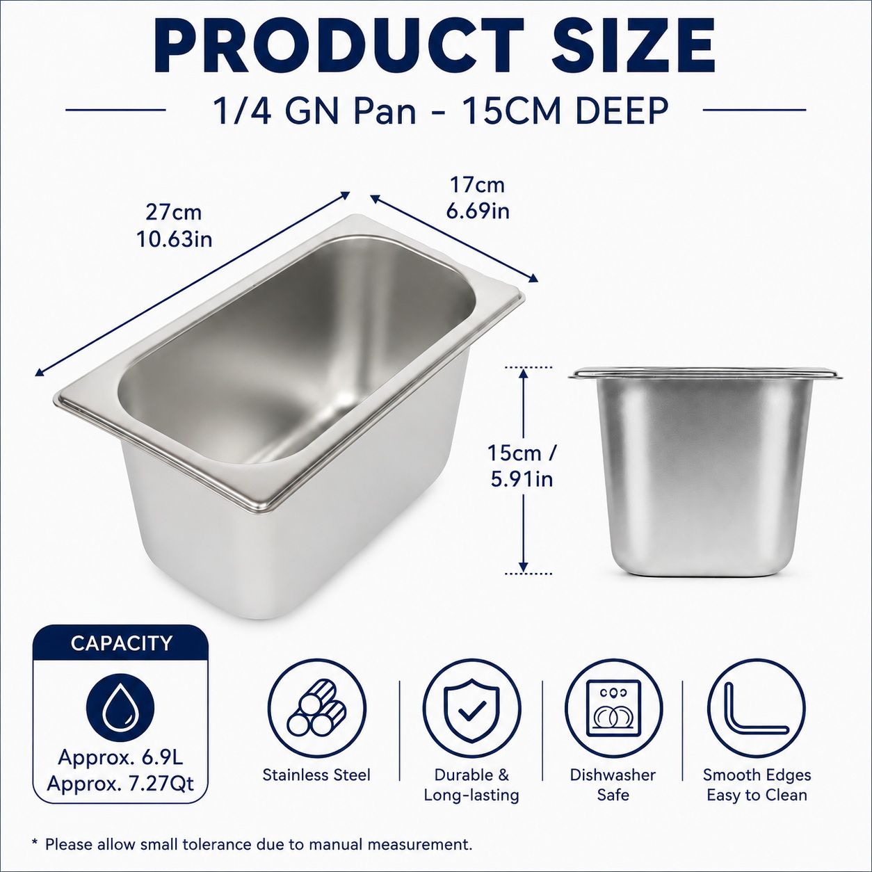 Commercial Stainless Steel GN 1/4 150mm Deep Gastronorm Bain Marie Buffet Steam Table Food Pan