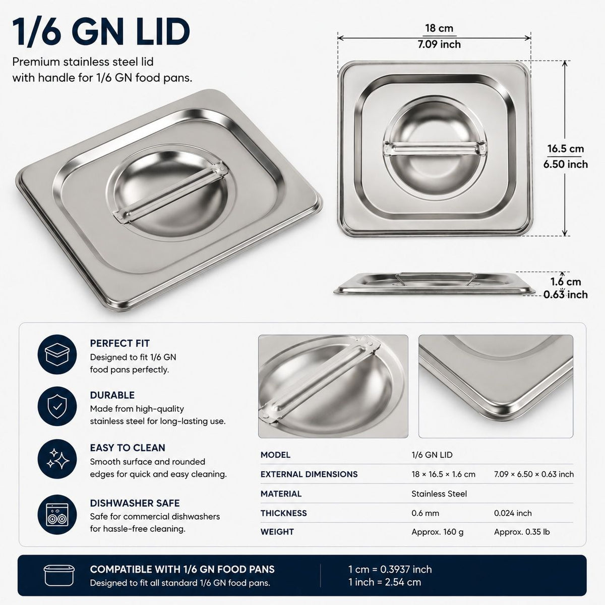 Commercial Stainless Steel GN 1/6 150mm Deep Gastronorm Bain Marie Buffet Steam Table Food Pan with Lid