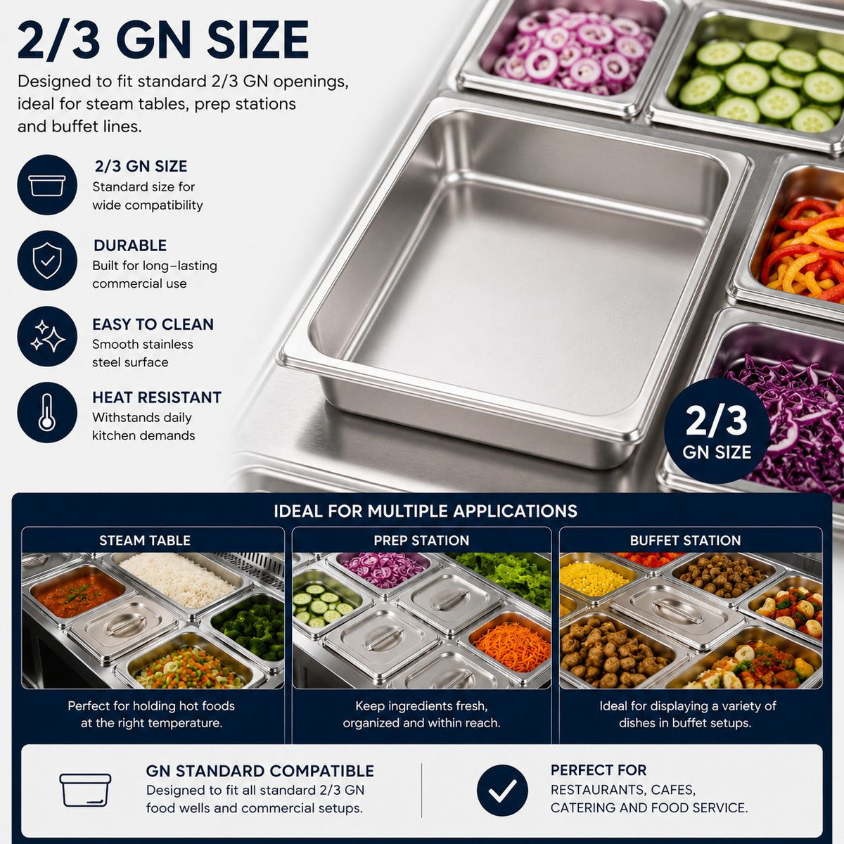 Commercial Stainless Steel GN 2/3 100mm Deep Gastronorm Bain Marie Buffet Steam Table Food Pan with Lid