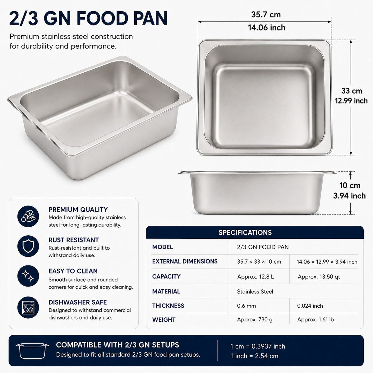 Commercial Stainless Steel GN 2/3 100mm Deep Gastronorm Bain Marie Buffet Steam Table Food Pan with Lid