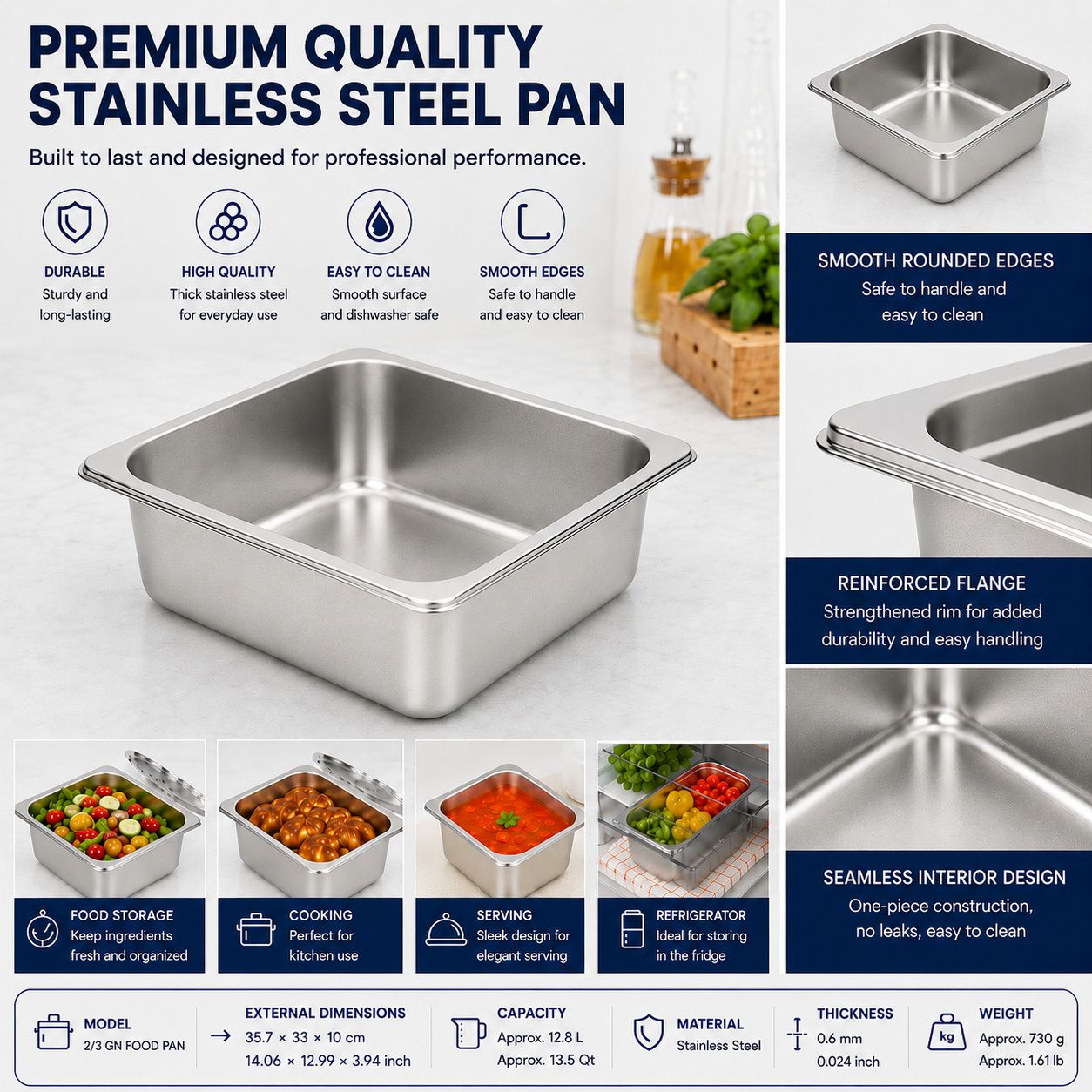 Commercial Stainless Steel GN 2/3 100mm Deep Gastronorm Bain Marie Buffet Steam Table Food Pan with Lid